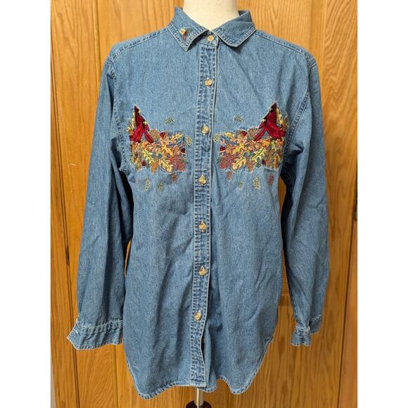 Bobbie Brooks Vintage Denim Embroidered Long Sleeve Button Down Shirt Medium - Picture 1 of 9